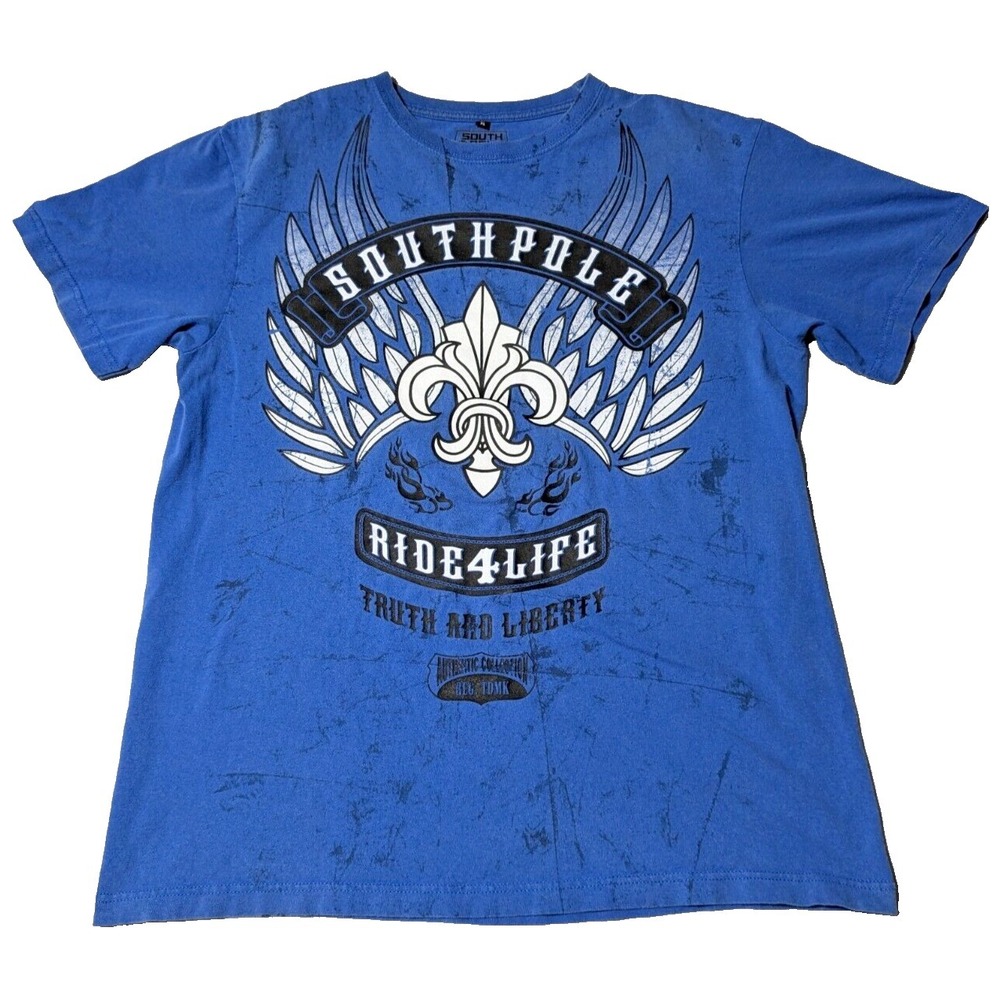 SOUTHPOLE RIDE FOR LIFE TRUTH AND LIBERTY Blue Graphic FADED T-Shirt - Men XL‎